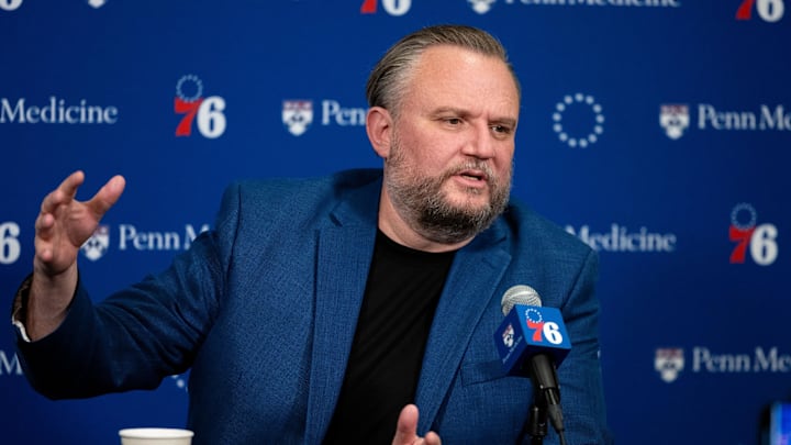 Dec 15, 2023; Philadelphia, Pennsylvania, USA; Philadelphia 76ers president of Basketball Operations Daryl Morey speaks with the media before a game against the Detroit Pistons at Wells Fargo Center. Mandatory Credit: Bill Streicher-Imagn Images