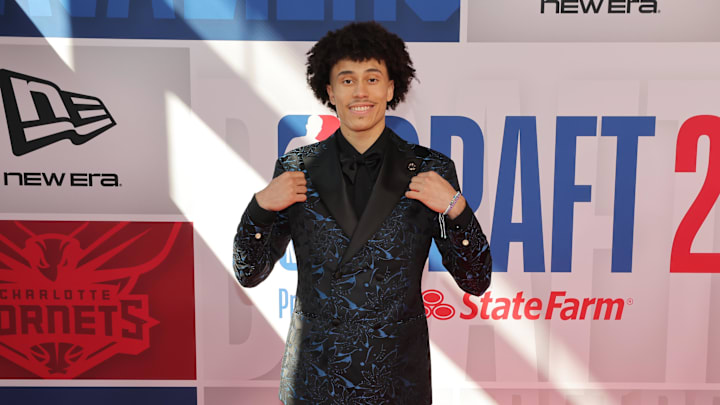 Jun 25, 2025; Brooklyn, NY, USA; Nolan Traore arrives before the first round of the 2025 NBA Draft at Barclays Center. Mandatory Credit: Brad Penner-Imagn Images