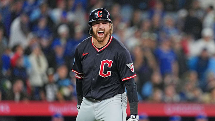 May 3, 2025; Toronto, Ontario, CAN; Cleveland Guardians second baseman Daniel Schneemann (10) celebrates hitting a grand slam hone run against the Toronto Blue Jays at during the ninth inning at Rogers Centre. Mandatory Credit: Nick Turchiaro-Imagn Images