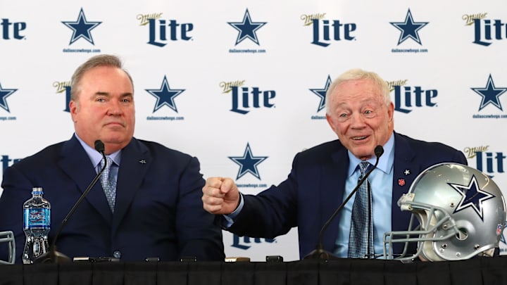 Dallas Cowboys owner Jerry Jones answers questions with new head coach Mike McCarthy during a press conference at Ford Center at the Star. Images