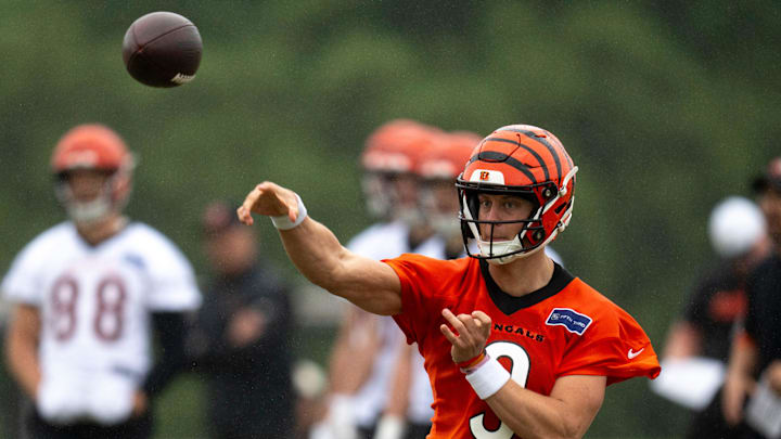 Cincinnati Bengals quarterback Joe Burrow (9) throws the ball during the Cincinnati Bengals practice in Cincinnati on Tuesday, May 27, 2025.