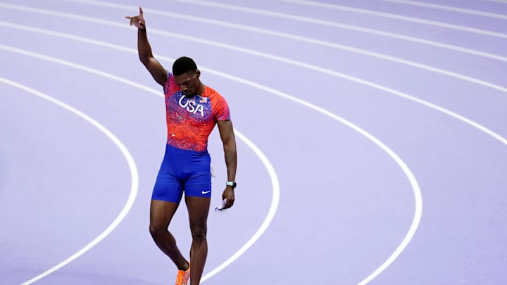 Aug 4, 2024; Paris Saint-Denis, France; Fred Kerley (USA) reacts after winning bronze in the menís 100m final during the Paris 2024 Olympic Summer Games at Stade de France. Aug 4, 2024; Paris Saint-Denis, France; Fred Kerley (USA) reacts after winning bronze in the menís 100m final during the Paris 2024 Olympic Summer Games at Stade de France.