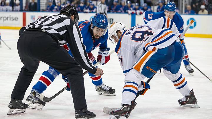 Mar 16, 2025; New York, New York, USA; New York Rangers center Mika Zibanejad (93) takes a face-off against Edmonton Oilers center Connor McDavid (97) during the second period at Madison Square Garden. Mandatory Credit: Danny Wild-Imagn Images Mar 16, 2025; New York, New York, USA; New York Rangers center Mika Zibanejad (93) takes a face-off against Edmonton Oilers center Connor McDavid (97) during the second period at Madison Square Garden. Mandatory Credit: Danny Wild-Imagn Images