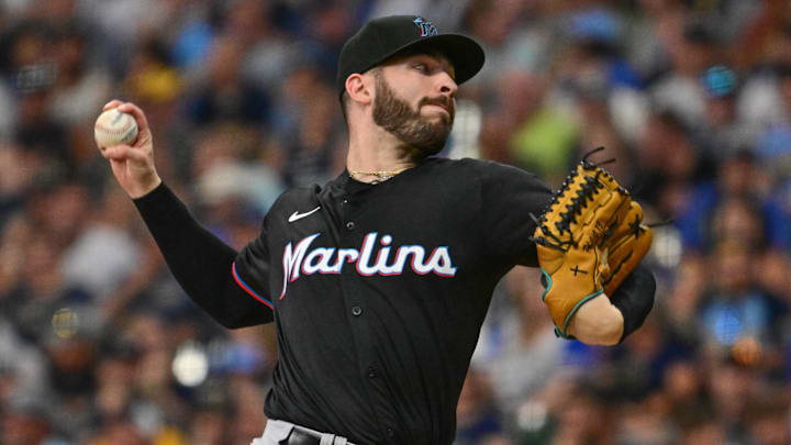 Jul 28, 2024; Milwaukee, Wisconsin, USA;  Miami Marlins pitcher Kyle Tyler (73) pitches in the first inning against the Milwaukee Brewers at American Family Field. Mandatory Credit: Benny Sieu-USA TODAY Sports
