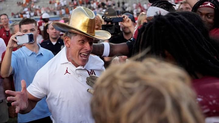 Oklahoma head coach Brent Venables puts on the Golden Hat following the Red River Rivalry between Oklahoma and Texas at the Cotton Bowl on Saturday. Oklahoma head coach Brent Venables puts on the Golden Hat following the Red River Rivalry between Oklahoma and Texas at the Cotton Bowl on Saturday.