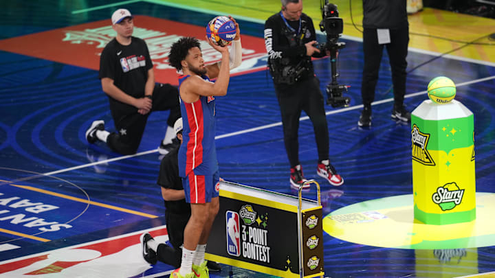 Feb 15, 2025; San Francisco, CA, USA; Detroit Pistons guard Cade Cunningham (2) competes in the three-point contest during All Star Saturday Night ahead of the 2025 NBA All Star Game at Chase Center. Mandatory Credit: Cary Edmondson-Imagn Images