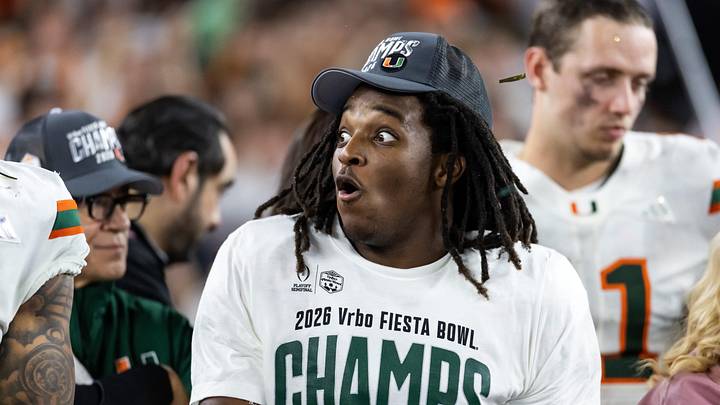 Jan 8, 2026; Glendale, AZ, USA; Miami Hurricanes running back Malachi Toney (10) celebrates after defeating the Mississippi Rebels during the 2026 Fiesta Bowl and semifinal game of the College Football Playoff at State Farm Stadium. Mandatory Credit: Mark J. Rebilas-Imagn Images