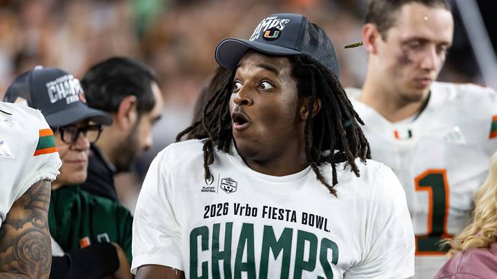 Jan 8, 2026; Glendale, AZ, USA; Miami Hurricanes running back Malachi Toney (10) celebrates after defeating the Mississippi Rebels during the 2026 Fiesta Bowl and semifinal game of the College Football Playoff at State Farm Stadium. Mandatory Credit: Mark J. Rebilas-Imagn Images