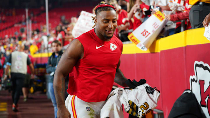 Oct 7, 2024; Kansas City, Missouri, USA; Kansas City Chiefs safety Justin Reid (20) leaves the field after the win over the New Orleans Saints at GEHA Field at Arrowhead Stadium. Mandatory Credit: Denny Medley-Imagn Images