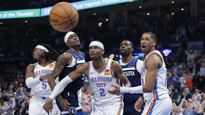Feb 24, 2025; Oklahoma City, Oklahoma, USA; Oklahoma City Thunder guard Shai Gilgeous-Alexander (2) reacts after a play against the Minnesota Timberwolves during the second half at Paycom Center. Mandatory Credit: Alonzo Adams-Imagn Images Feb 24, 2025; Oklahoma City, Oklahoma, USA; Oklahoma City Thunder guard Shai Gilgeous-Alexander (2) reacts after a play against the Minnesota Timberwolves during the second half at Paycom Center. Mandatory Credit: Alonzo Adams-Imagn Images