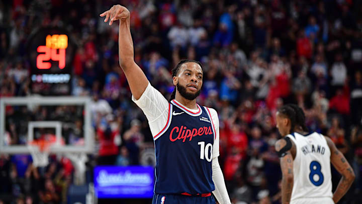 Mar 11, 2026; Inglewood, California, USA; Los Angeles Clippers guard Darius Garland (10) reacts after scoring three point basket against the Minnesota Timberwolves during the second half at Intuit Dome. Mandatory Credit: Gary A. Vasquez-Imagn Images