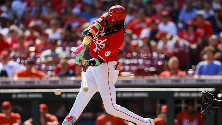 Sep 19, 2024; Cincinnati, Ohio, USA; Cincinnati Reds shortstop Elly De La Cruz (44) hits a RBI single in the seventh inning against the Atlanta Braves at Great American Ball Park. Mandatory Credit: Katie Stratman-Imagn Images
