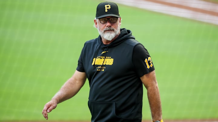 Jun 28, 2024; Atlanta, Georgia, USA; Pittsburgh Pirates manager Derek Shelton (17) on the field before a game against the Atlanta Braves at Truist Park. Mandatory Credit: Brett Davis-USA TODAY Sports
