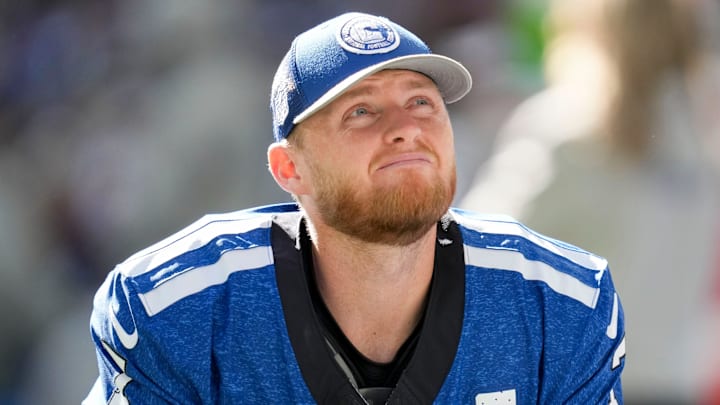 Indianapolis Colts place kicker Matt Gay (7) watches the action on the field Sunday, Oct. 22, 2023, during a game against the Cleveland Browns at Lucas Oil Stadium in Indianapolis.