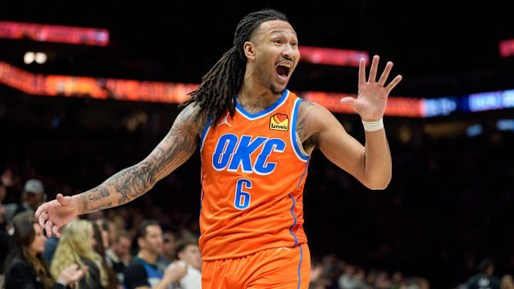 Jan 29, 2026; Minneapolis, Minnesota, USA; Oklahoma City Thunder forward Jaylin Williams (6) gestures to the referee in the second quarter against the Minnesota Timberwolves at Target Center. Mandatory Credit: Matt Blewett-Imagn Images