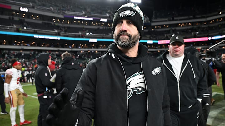 Jan 11, 2026; Philadelphia, PA, USA; Philadelphia Eagles head coach Nick Sirianni looks on after an NFC Wild Card Round game against the San Francisco 49ers at Lincoln Financial Field. Mandatory Credit: Eric Hartline-Imagn Images