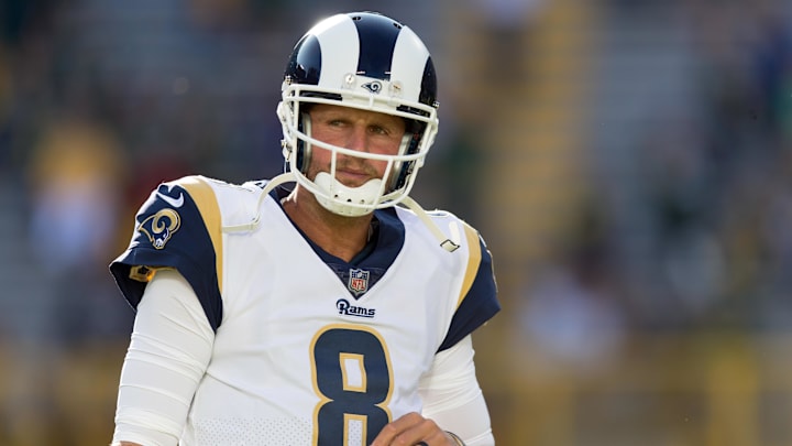 Aug 31, 2017; Green Bay, WI, USA; Los Angeles Rams quarterback Dan Orlovsky (8) during warmups prior to the game against the Green Bay Packers at Lambeau Field. Mandatory Credit: Jeff Hanisch-Imagn Images
