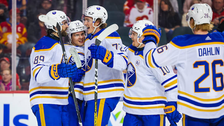 Mar 24, 2024; Calgary, Alberta, CAN; Buffalo Sabres right wing JJ Peterka (77) celebrates his goal