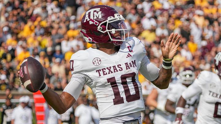 Oct 10, 2026; Columbia, Missouri, USA; Texas A&M Aggies quarterback Marcel Reed (10) throws a pass against the Missouri Tigers during the first half of the game at Faurot Field at Memorial Stadium. Mandatory Credit: Denny Medley-Imagn Images Oct 10, 2026; Columbia, Missouri, USA; Texas A&M Aggies quarterback Marcel Reed (10) throws a pass against the Missouri Tigers during the first half of the game at Faurot Field at Memorial Stadium. Mandatory Credit: Denny Medley-Imagn Images