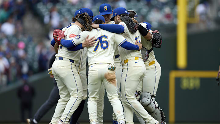 Sep 14, 2025; Seattle, Washington, USA; Seattle Mariners players dance after the win over the Los Angeles Angels at T-Mobile Park. Mandatory Credit: John Froschauer-Imagn Images