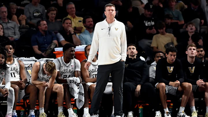 Vanderbilt basketball head coach Mark Byington watches his players during an NCAA college basketball game against California Wednesday, Nov. 13, 2024, in Nashville, Tenn.