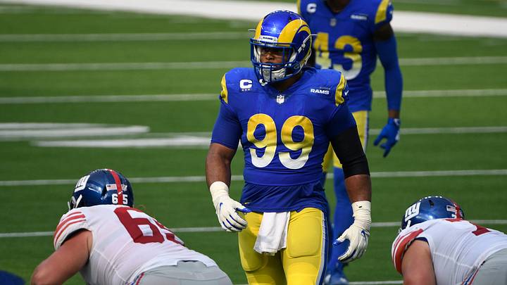 Oct 4, 2020; Inglewood, California, USA; Los Angeles Rams defensive end Aaron Donald (99) during the second half against the New York Giants at SoFi Stadium. Mandatory Credit: Robert Hanashiro-USA TODAY Sports Oct 4, 2020; Inglewood, California, USA; Los Angeles Rams defensive end Aaron Donald (99) during the second half against the New York Giants at SoFi Stadium. Mandatory Credit: Robert Hanashiro-USA TODAY Sports