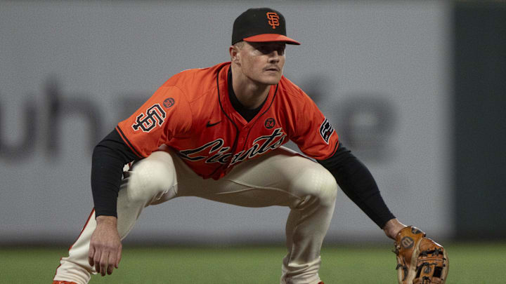 Sep 13, 2024; San Francisco, California, USA;  San Francisco Giants third base Matt Chapman (26) during the eighth inning against the San Diego Padres at Oracle Park. 
