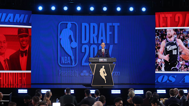 Jun 26, 2024; Brooklyn, NY, USA; NBA commissioner Adam Silver speaks before the first round of the 2024 NBA Draft at Barclays Center. Mandatory Credit: Brad Penner-Imagn Images