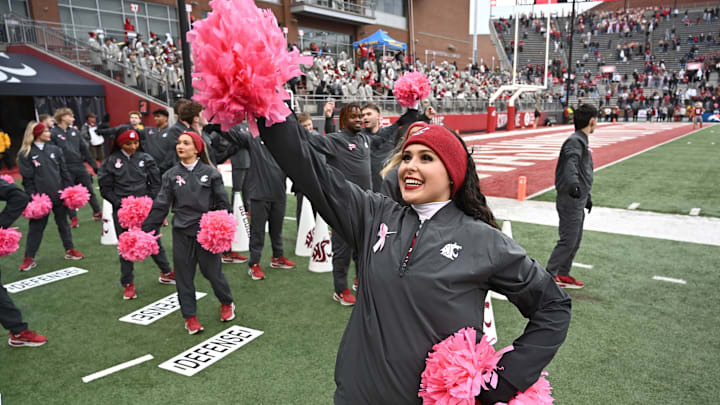 Oct 25, 2025; Pullman, Washington, USA; Washington State Cougars cheerleader performs during a game against the Toledo Rockets in the second half at Gesa Field at Martin Stadium. Washington State Cougars won 28-7. Mandatory Credit: James Snook-Imagn Images Oct 25, 2025; Pullman, Washington, USA; Washington State Cougars cheerleader performs during a game against the Toledo Rockets in the second half at Gesa Field at Martin Stadium. Washington State Cougars won 28-7. Mandatory Credit: James Snook-Imagn Images