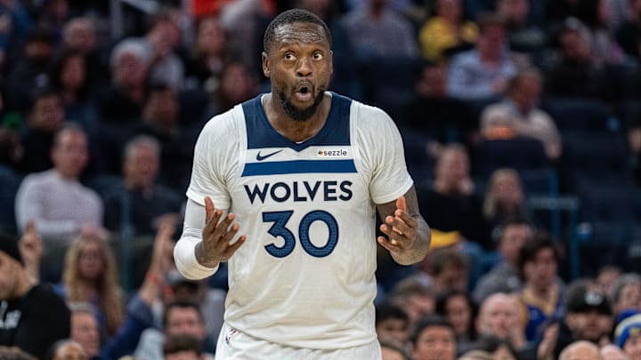 Dec 6, 2024; San Francisco, California, USA; Minnesota Timberwolves forward Julius Randle (30) reacts after being called for a foul against Golden State Warriors guard Stephen Curry (not pictured) during the third quarter at Chase Center. Mandatory Credit: Neville E. Guard-Imagn Images