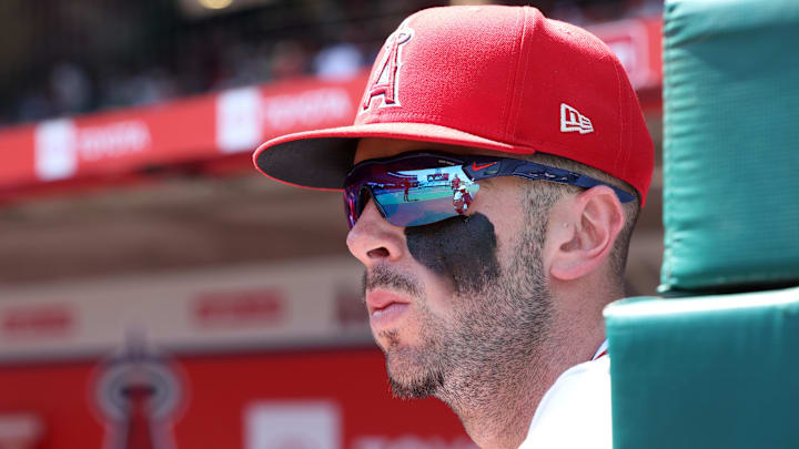 Sep 10, 2025; Anaheim, California, USA; Los Angeles Angels shortstop Zach Neto (9) looks on before the game against the Minnesota Twins at Angel Stadium. Mandatory Credit: Kiyoshi Mio-Imagn Images