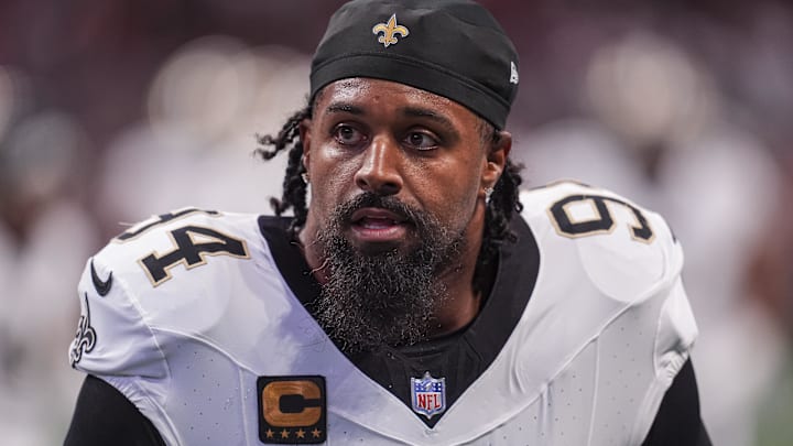 Sep 29, 2024; Atlanta, Georgia, USA; New Orleans Saints defensive end Cameron Jordan (94) shown on the field before the game against the Atlanta Falcons at Mercedes-Benz Stadium. Mandatory Credit: Dale Zanine-Imagn Images