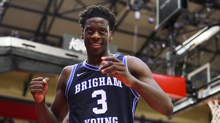 Nov 27, 2025; Kissimmee, Florida, USA; Brigham Young University Cougars forward AJ Dybantsa (3) reacts after play against the Miami (FL) Hurricanes in the second half  at State Farm Field House. Mandatory Credit: Nathan Ray Seebeck-Imagn Images