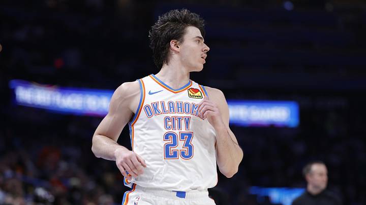 Apr 12, 2026; Oklahoma City, Oklahoma, USA; Oklahoma City Thunder forward Brooks Barnhizer (23) runs down the court against the Phoenix Suns during the second half at Paycom Center.