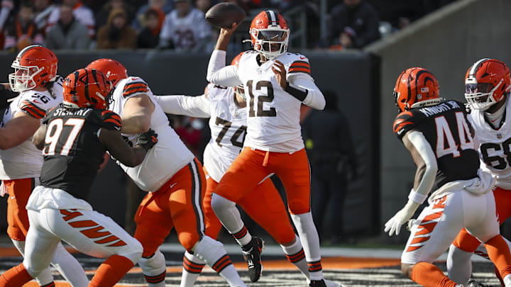 Jan 4, 2026; Cincinnati, Ohio, USA; Cleveland Browns quarterback Shedeur Sanders (12) passes against the Cincinnati Bengals during the first quarter at Paycor Stadium. Mandatory Credit: Joseph Maiorana-Imagn Images