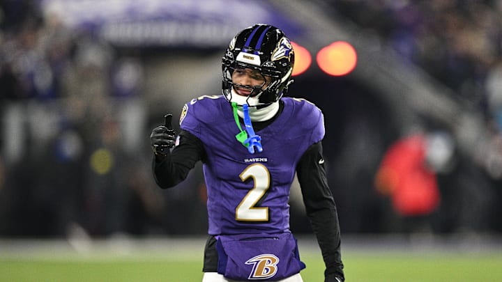 Jan 11, 2025; Baltimore, Maryland, USA; Baltimore Ravens cornerback Nate Wiggins (2) reacts in the first quarter against the Pittsburgh Steelers in an AFC wild card game at M&T Bank Stadium. Mandatory Credit: Tommy Gilligan-Imagn Images
