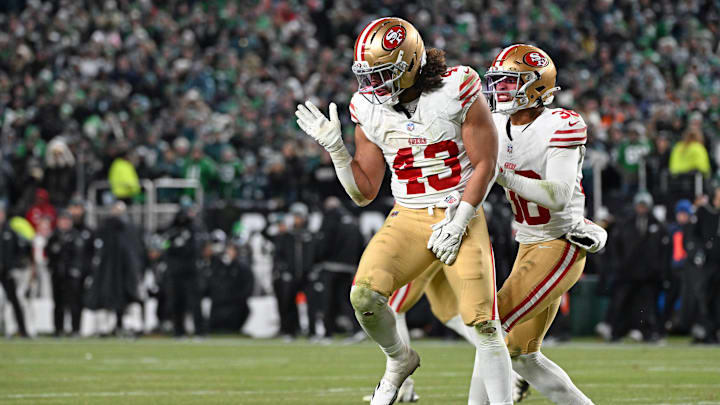 Jan 11, 2026; Philadelphia, PA, USA; San Francisco 49ers linebacker Eric Kendricks (43) celebrates after breaking up a pass on fourth down against the Philadelphia Eagles during the first quarter in an NFC Wild Card Round game at Lincoln Financial Field.