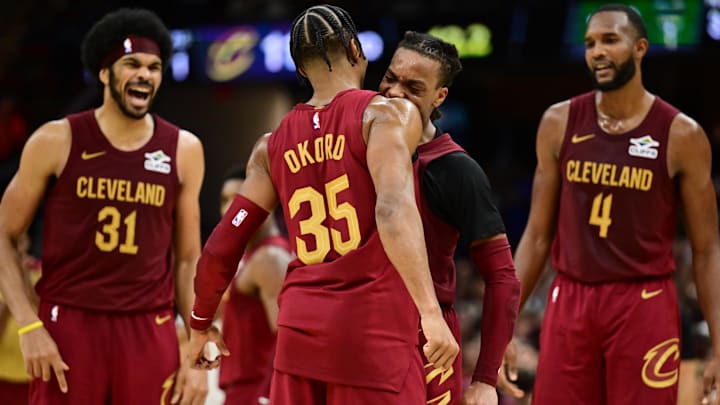 Nov 4, 2024; Cleveland, Ohio, USA; Cleveland Cavaliers guard Darius Garland (10) celebrates with forward Isaac Okoro (35) during the second half against the Milwaukee Bucks at Rocket Mortgage FieldHouse. Mandatory Credit: Ken Blaze-Imagn Images