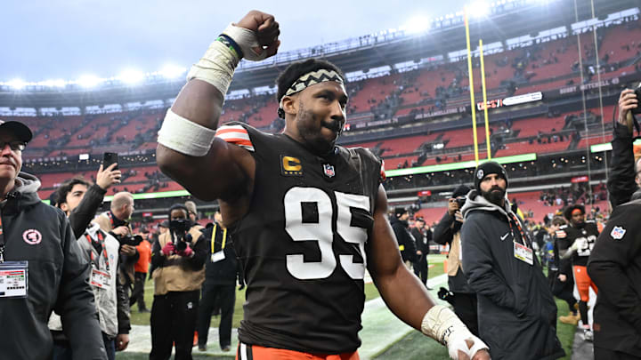 Dec 28, 2025; Cleveland, Ohio, USA; Cleveland Browns defensive end Myles Garrett (95) exits the field after the game against the Pittsburgh Steelers at Huntington Bank Field. Mandatory Credit: Ken Blaze-Imagn Images