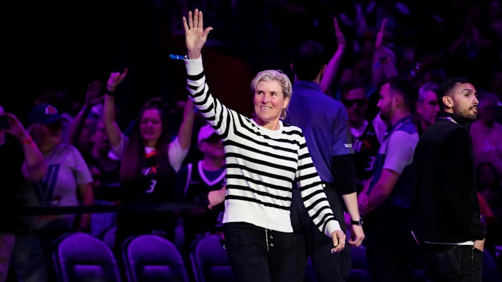 Mercury legend Michele Timms comes on the court during the Ring of Honor ceremony at the Footprint Center on Saturday, May 18, 2024.