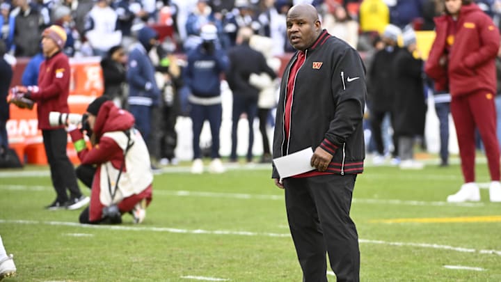 Jan 7, 2024; Landover, Maryland, USA; Then-Washington Commanders offensive coordinator Eric Bieniemy stands by.