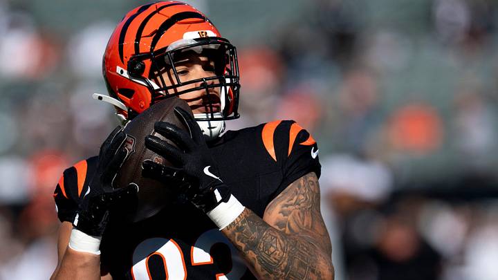 Cincinnati Bengals tight end Erick All Jr. (83) catches a pass before the NFL game between the Cincinnati Bengals and the Las Vegas Raiders at Paycor Stadium in Cincinnati on Sunday, Nov. 3, 2024.