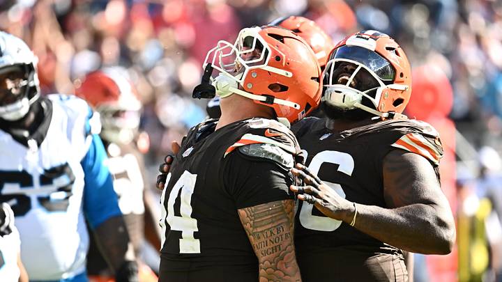 Sep 27, 2026; Cleveland, Ohio, USA; Cleveland Browns defensive tackle Mason Graham (94) celebrates a sack with defensive tackle Maliek Collins (96) against the Carolina Panthers during the fourth quarter at Huntington Bank Field. Mandatory Credit: Ken Blaze-Imagn Images Sep 27, 2026; Cleveland, Ohio, USA; Cleveland Browns defensive tackle Mason Graham (94) celebrates a sack with defensive tackle Maliek Collins (96) against the Carolina Panthers during the fourth quarter at Huntington Bank Field. Mandatory Credit: Ken Blaze-Imagn Images
