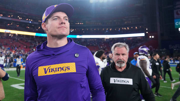 Jan 13, 2025; Glendale, AZ, USA; Minnesota Vikings head coach Kevin O'Connell after the NFC wild card game against the Los Angeles Rams at State Farm Stadium. Jan 13, 2025; Glendale, AZ, USA; Minnesota Vikings head coach Kevin O'Connell after the NFC wild card game against the Los Angeles Rams at State Farm Stadium.