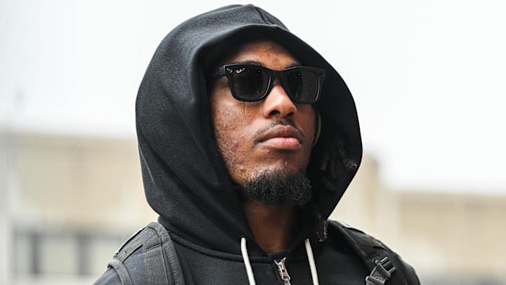 Nov 8, 2025; Iowa City, Iowa, USA; Oregon Ducks linebacker Dylan Williams (20) enters Kinnick Stadium before the game against the Iowa Hawkeyes. 