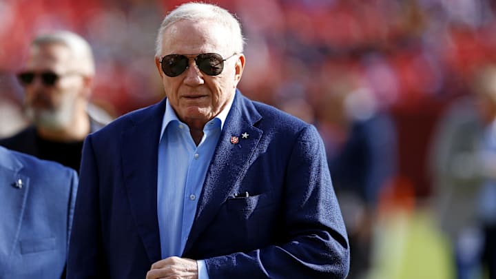 Dallas Cowboys owner Jerry Jones walks off the field before the game between the Washington Commanders and the Dallas Cowboys.