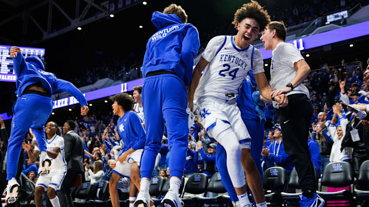 Nov 26, 2025; Lexington, Kentucky, USA; Kentucky Wildcats center Malachi Moreno (24) celebrates after guard Walker Horn makes a basket during the second half against the Tennessee Tech Golden Eagles at Rupp Arena at Central Bank Center. Mandatory Credit: Jordan Prather-Imagn Images