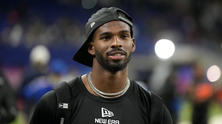 Mar 1, 2025; Indianapolis, IN, USA; Colorado quarterback Shedeur Sanders (QB13) during the 2025 NFL Combine at Lucas Oil Stadium.  