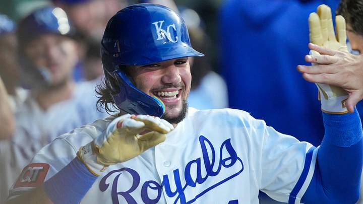 Jun 9, 2026; Kansas City, Missouri, USA; Kansas City Royals right fielder Jac Caglianone (14) celebrates after hitting a two run home run against the Texas Rangers during the sixth inning at Kauffman Stadium. Mandatory Credit: Denny Medley-Imagn Images