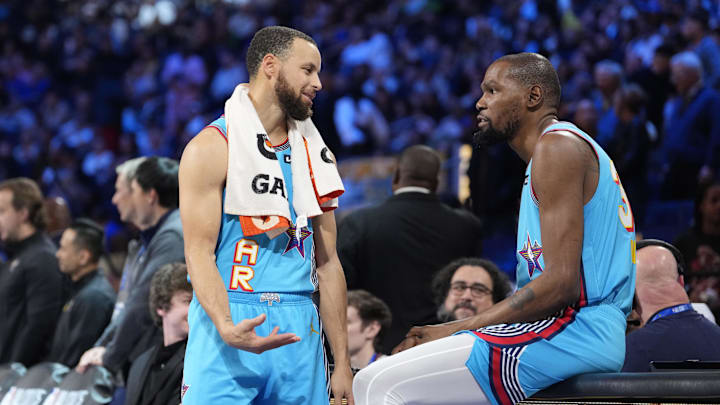February 16, 2025; San Francisco, CA, USA; Shaq’s OGs guard Stephen Curry (30) of the Golden State Warriors and forward Kevin Durant (35) of the Phoenix Suns look on in the game against Chuck’s Global Stars during the 2025 NBA All Star Game at Chase Center. Mandatory Credit: Kyle Terada-Imagn Images